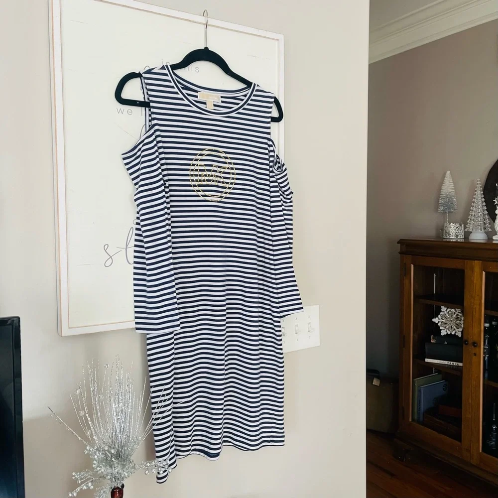 MICHAEL KORS Off Shoulder Navy Blue And White Striped Logo Studded Dress…